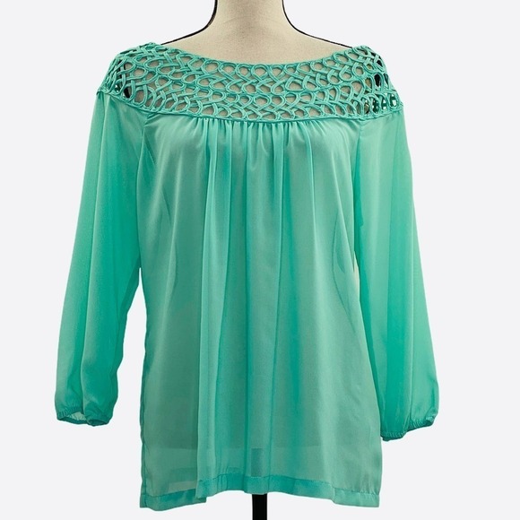 UMGEE Chiffon Crochet Turquoise Blouse Size Large - Picture 1 of 11